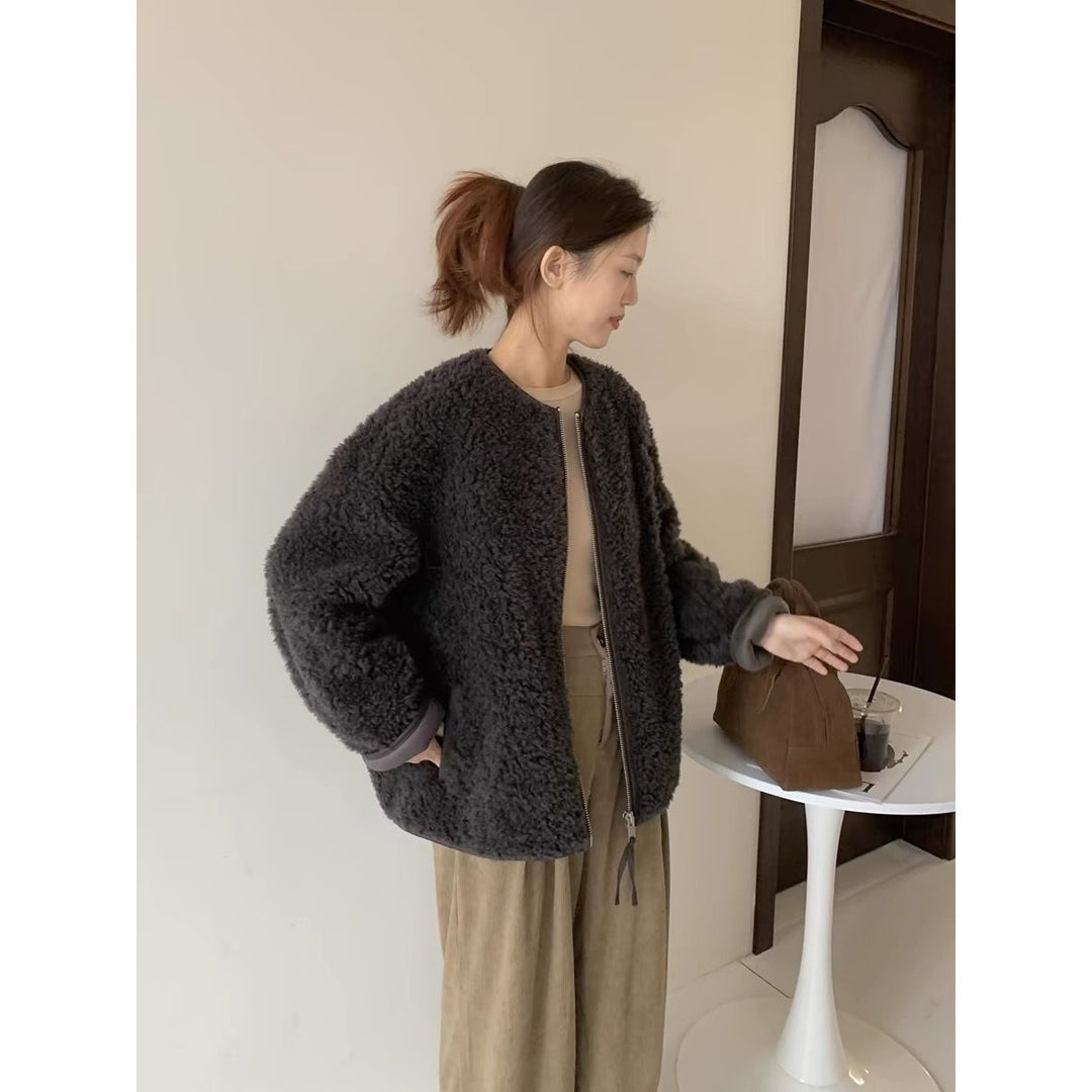 Sheep fur coat for women, round neckline
