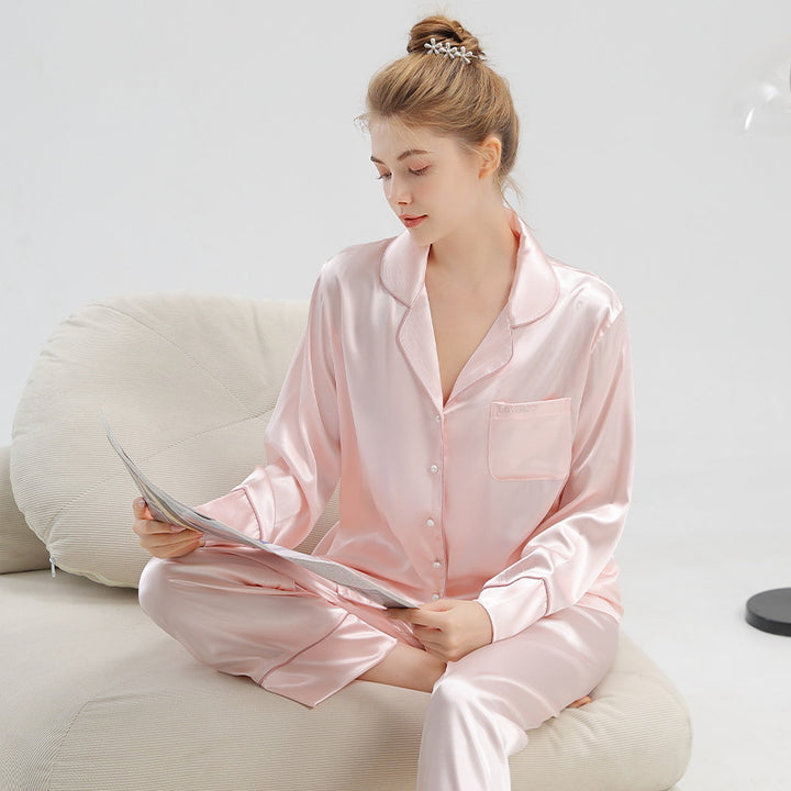 French Women's Pajama Set made of Ice Silk, Long Sleeves