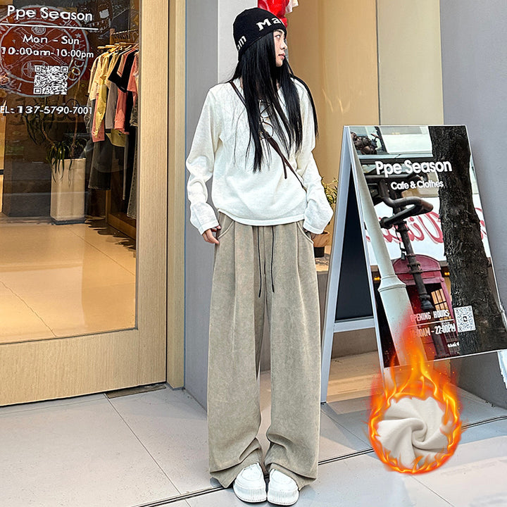 Women's corduroy pants with drawstring and high waistband