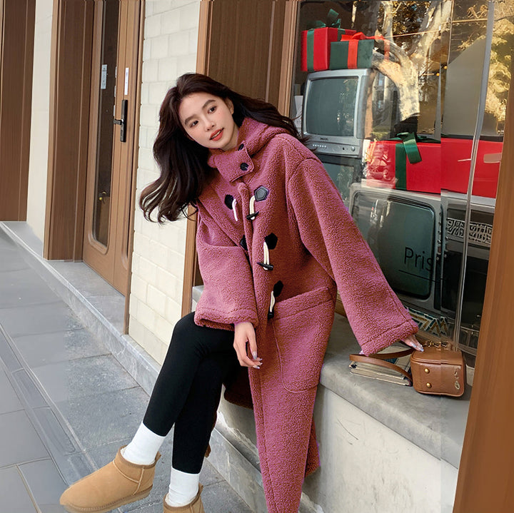 Faux fur coat with hood, knee-length