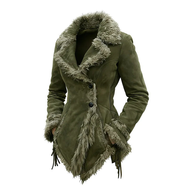 Women's suede imitation jacket with fur collar and lapels