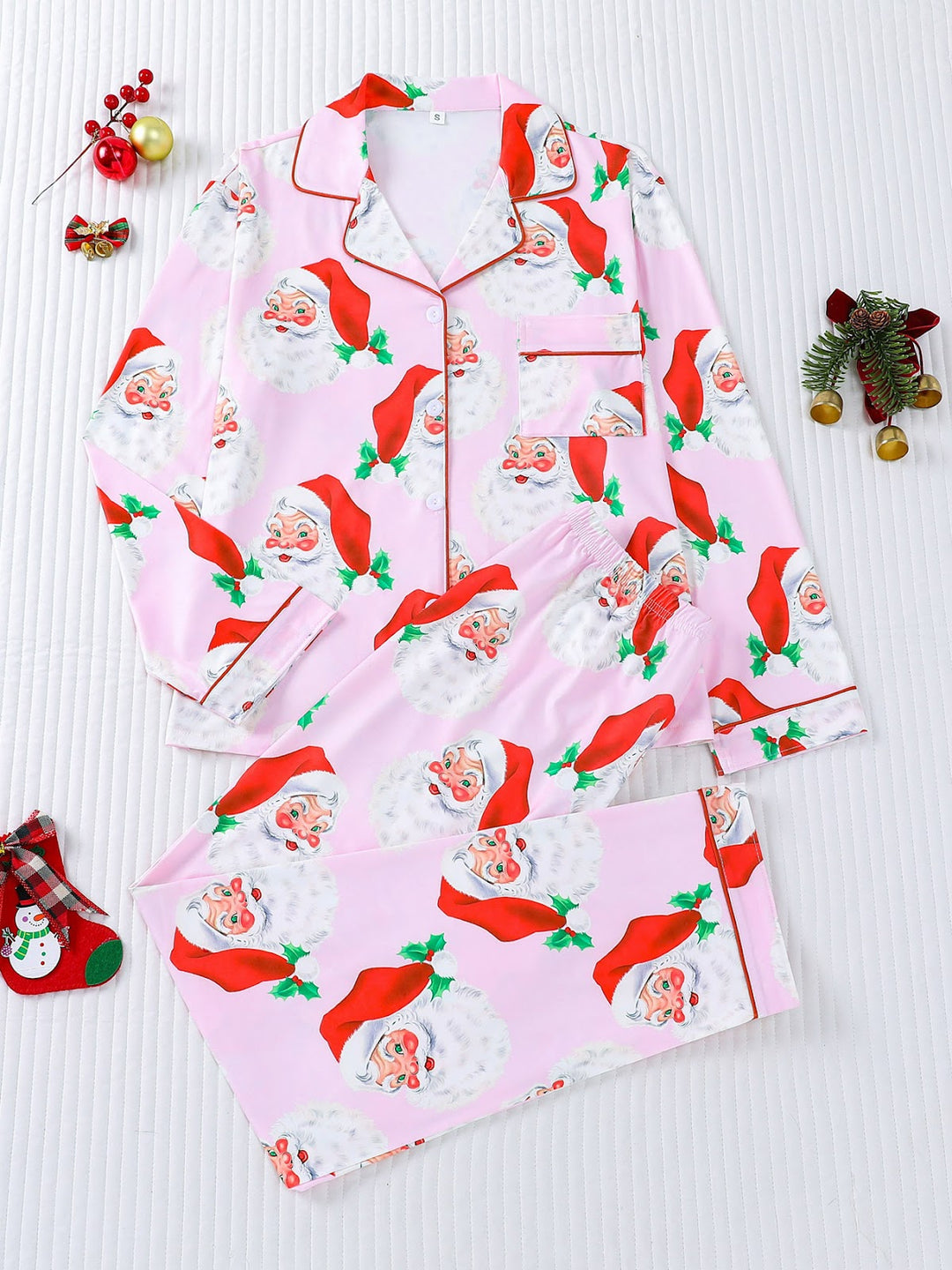 Women's Pajama Set, Long Sleeve, Christmas Motif, Notched Collar