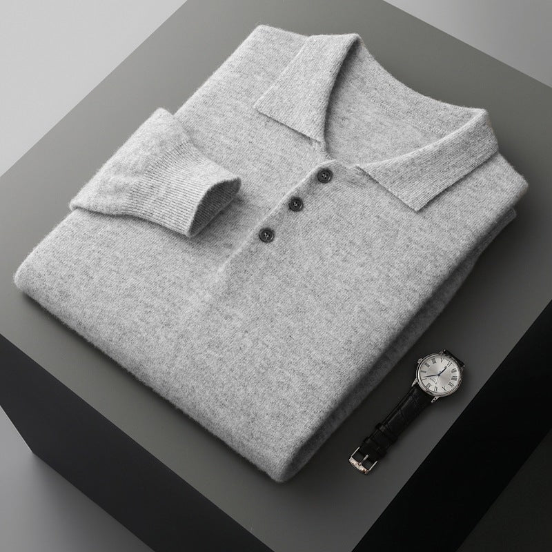 Men's wool sweater, polo collar, long sleeve, 350g