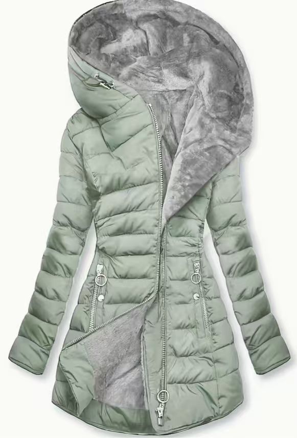 Women's quilted coat, tailored, with hood, mid-length