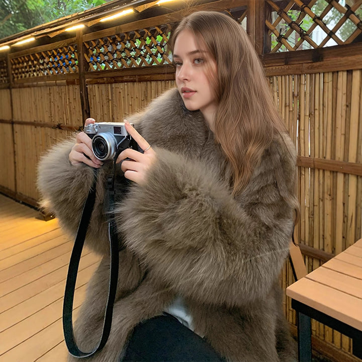 Ladies' medium-length faux fur coat