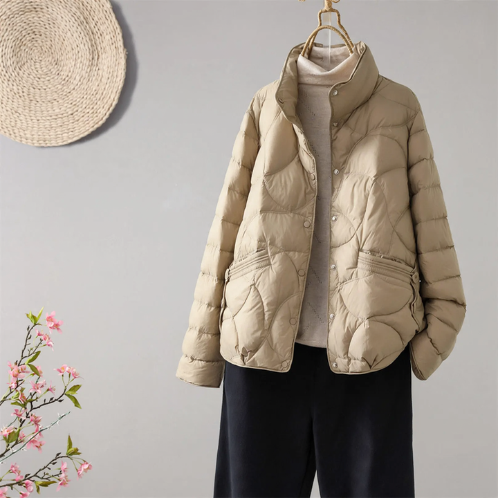 Light short down jacket for women with stand-up collar