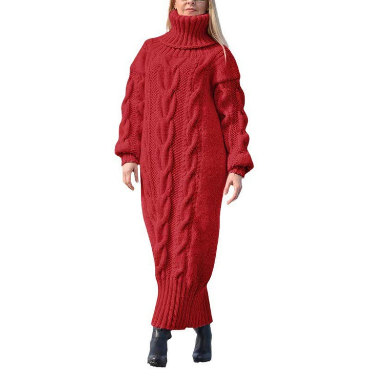 Long women's turtleneck sweater with cable pattern
