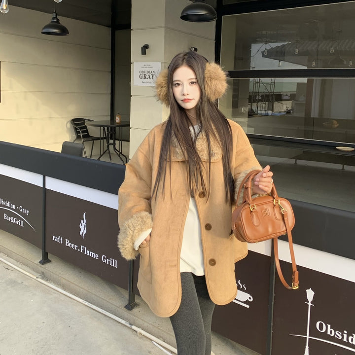 Reversible lamb fur imitation coat, medium length