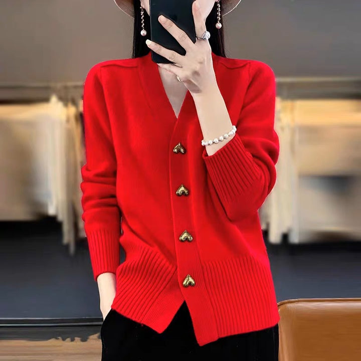 Women's cardigan with V-neck and heart buttons