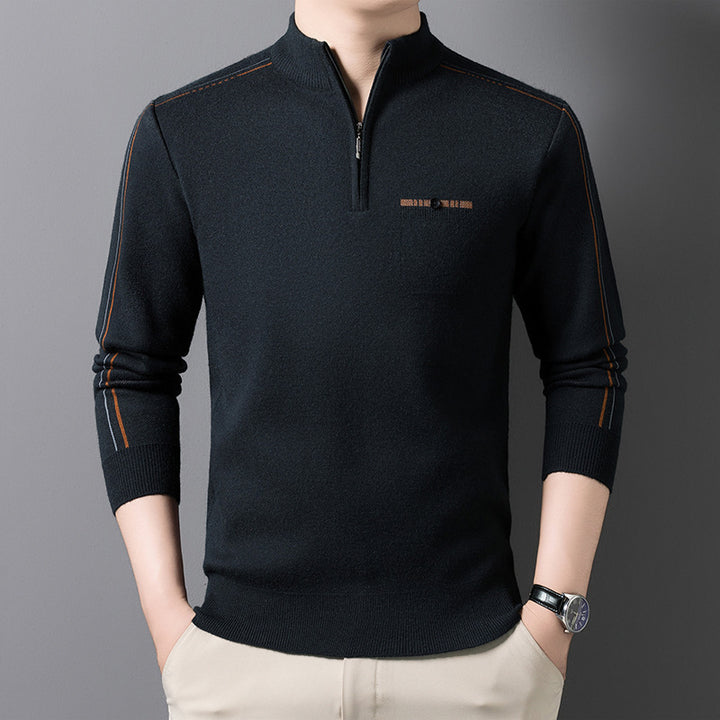 Men's knit sweater with stand-up collar and zipper