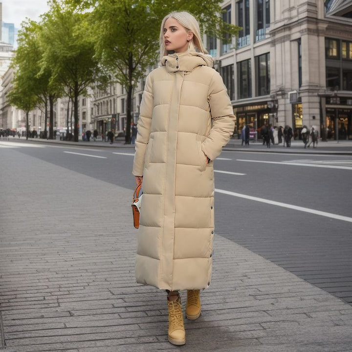 Longer, fitted women's winter coat with hood