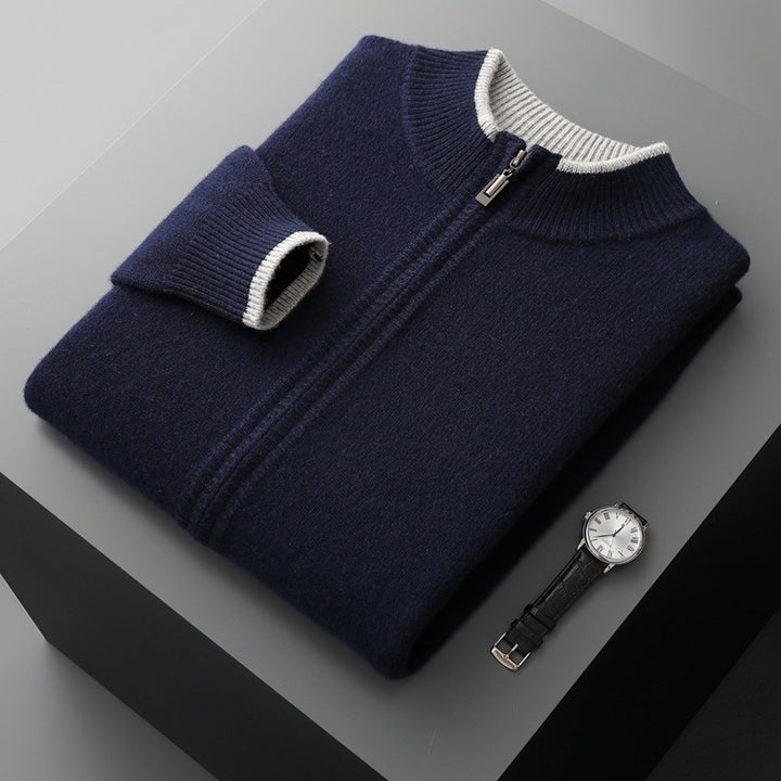 Men's zip-up cardigan with stand-up collar