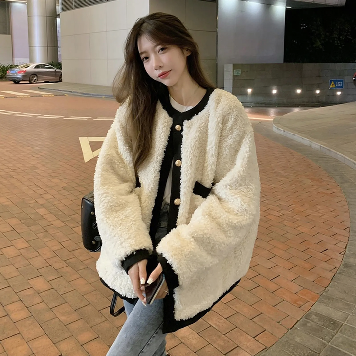 Women's winter jacket, lambskin look, lined, fashionable style
