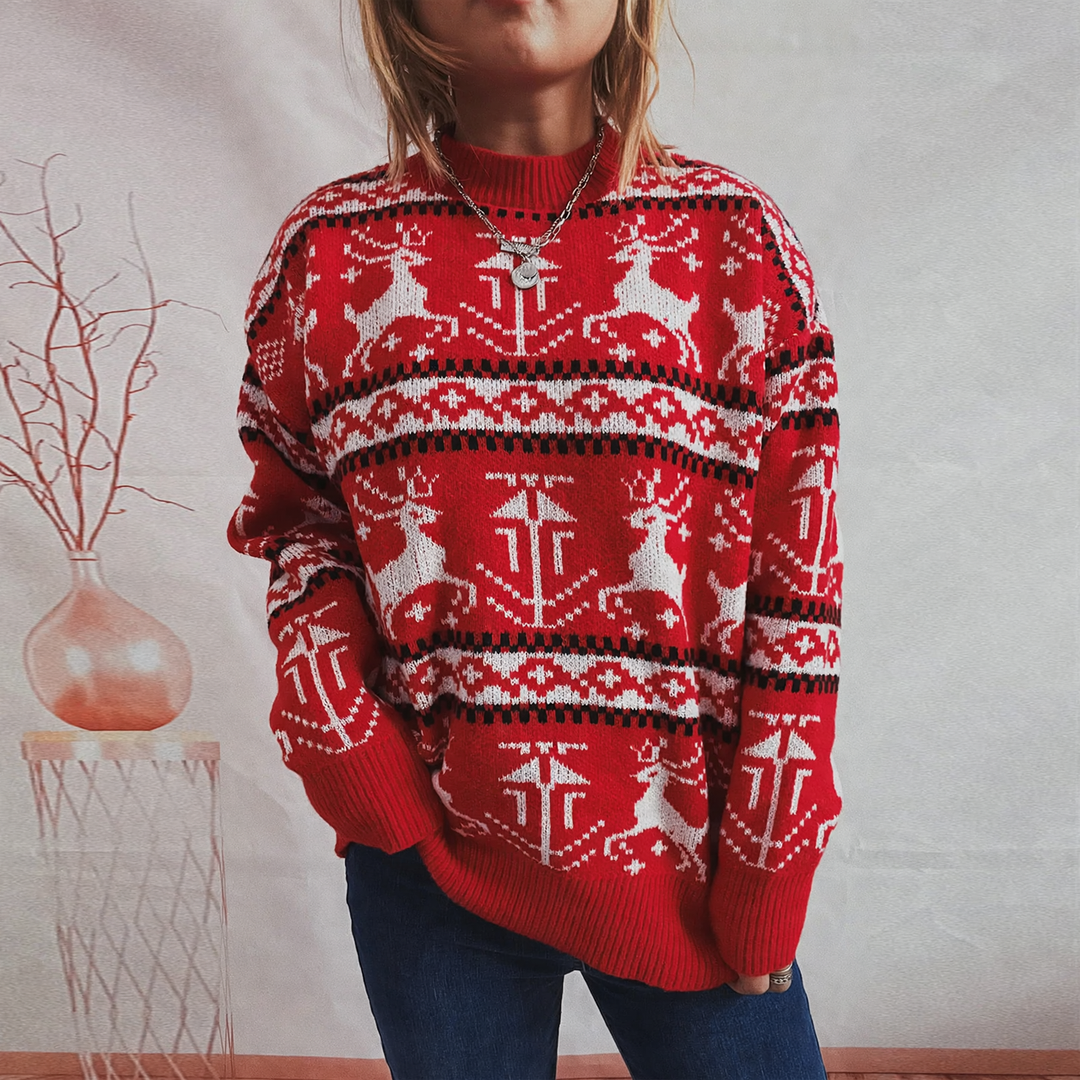 Women's Christmas sweater with reindeer motif, round neckline