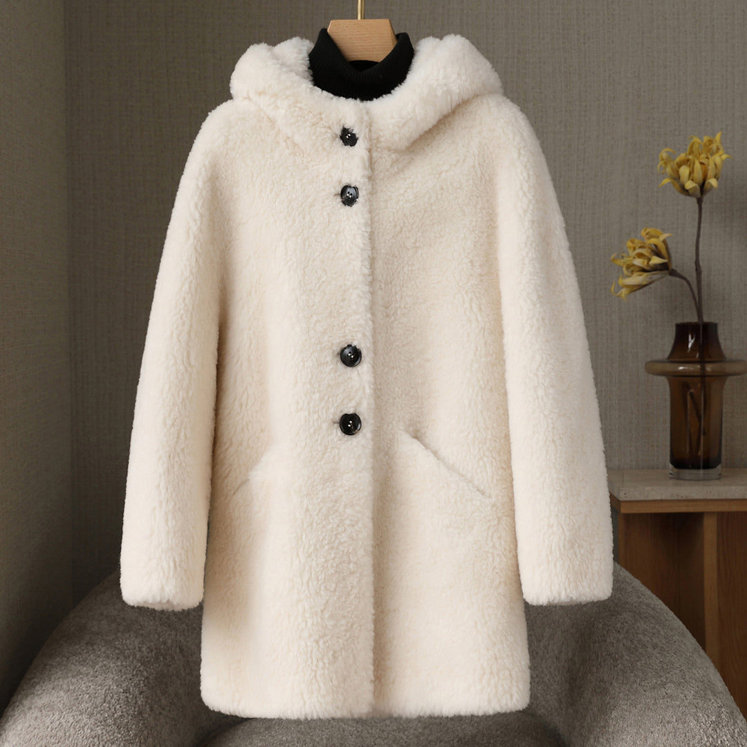 Women's shearling coat, medium-length, with hood and button placket