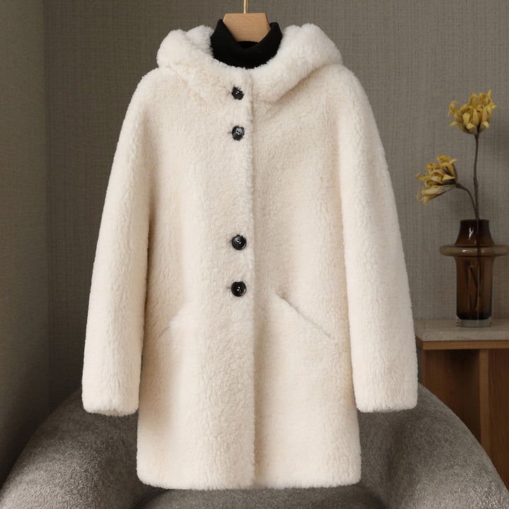 Women's shearling coat, medium-length, with hood and button placket