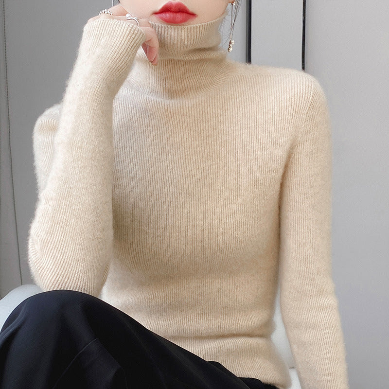 Women's knitted pullover with stand-up collar, long-sleeved, lined