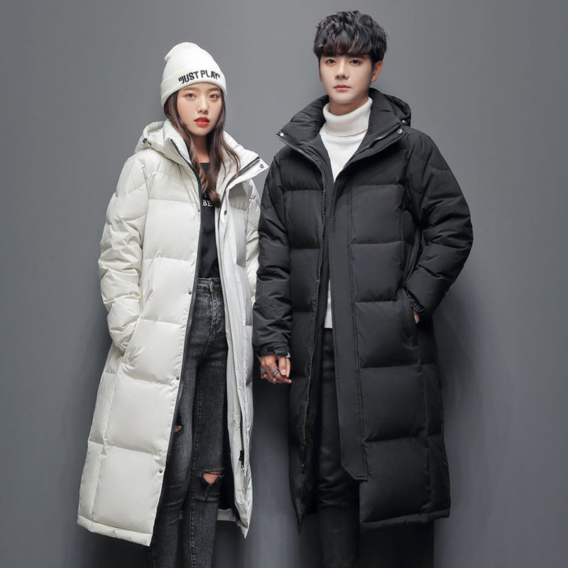 Long women's down coat, knee-length, lined, for winter
