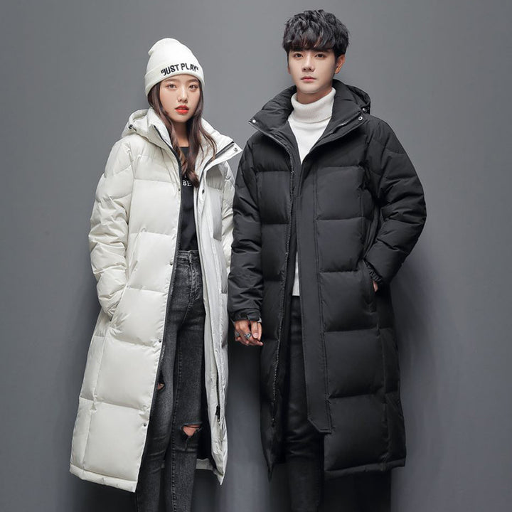 Long women's down coat, knee-length, lined, for winter