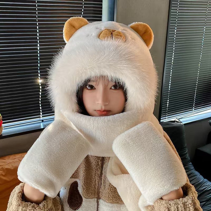 Plush hooded scarf with animal design, lined