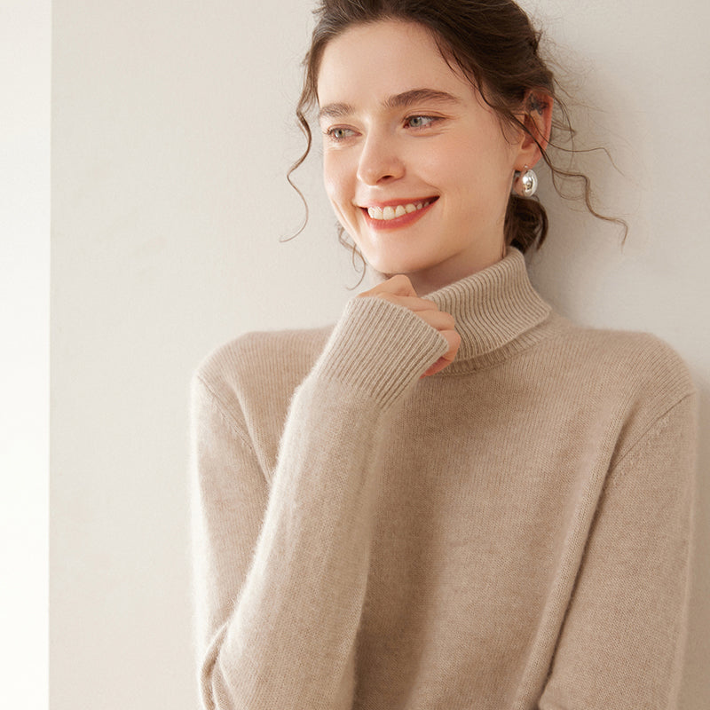 Women's cashmere sweater, high-neck, two-ply, knitted