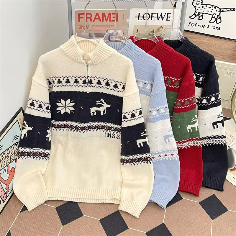 Knitted sweater with half zipper