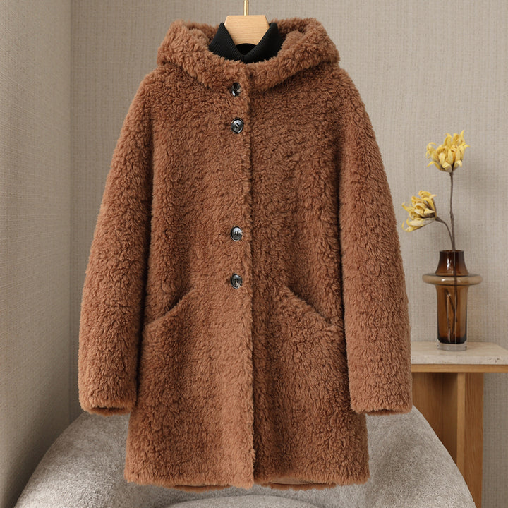 Women's shearling coat, medium-length, with hood and button placket