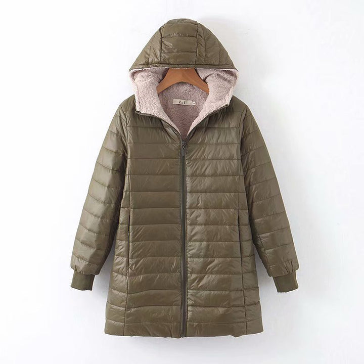 Padded women's winter coat with hood and lambskin look