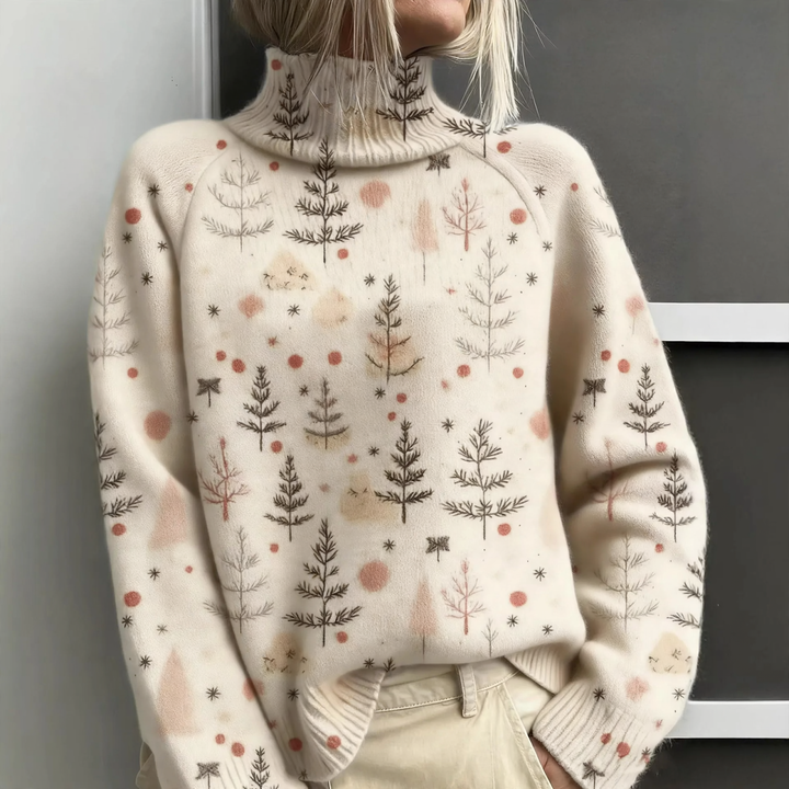 Loose women's sweater with turtleneck and Christmas print
