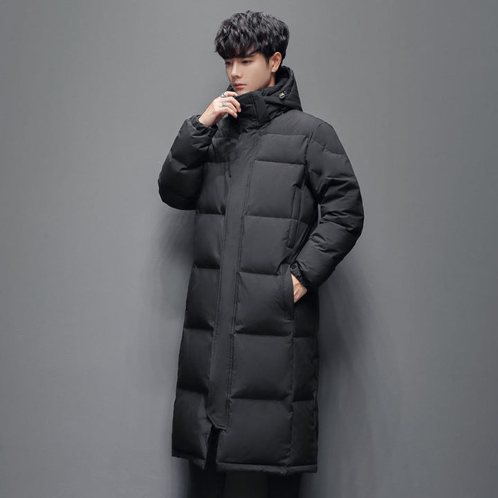 Long women's down coat, knee-length, lined, for winter