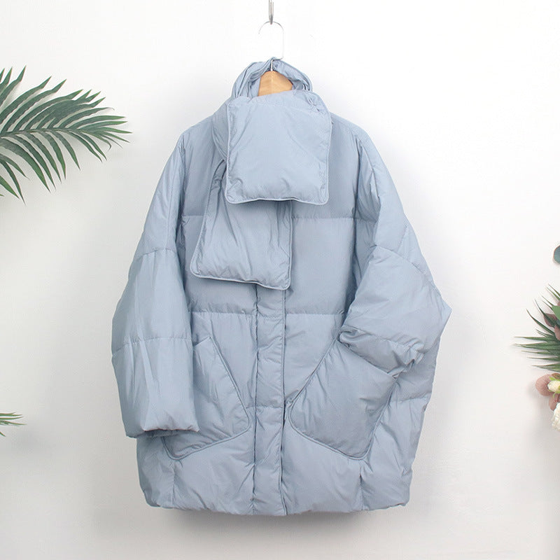 Women's down coat with scarf, mid-length, loose fit