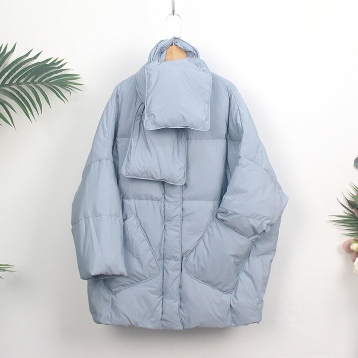 Women's down coat with scarf, mid-length, loose fit