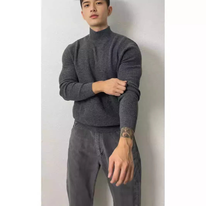 Men's knitted pullover, stand-up collar, form-fitting