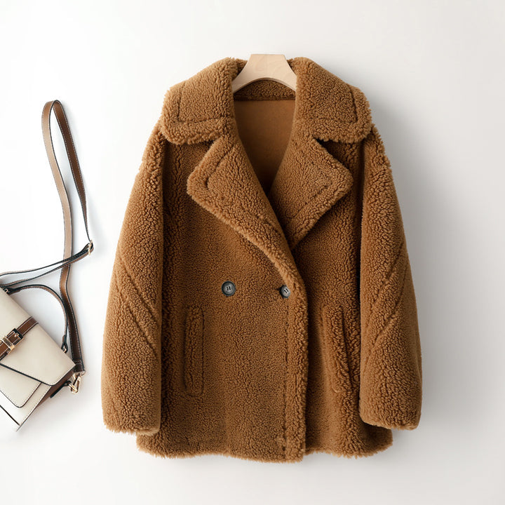 Women's coat made of lambswool imitation, mid-length, teddy look
