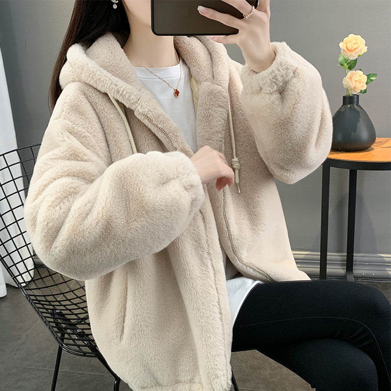 Padded hoodie coat made of lamb fleece