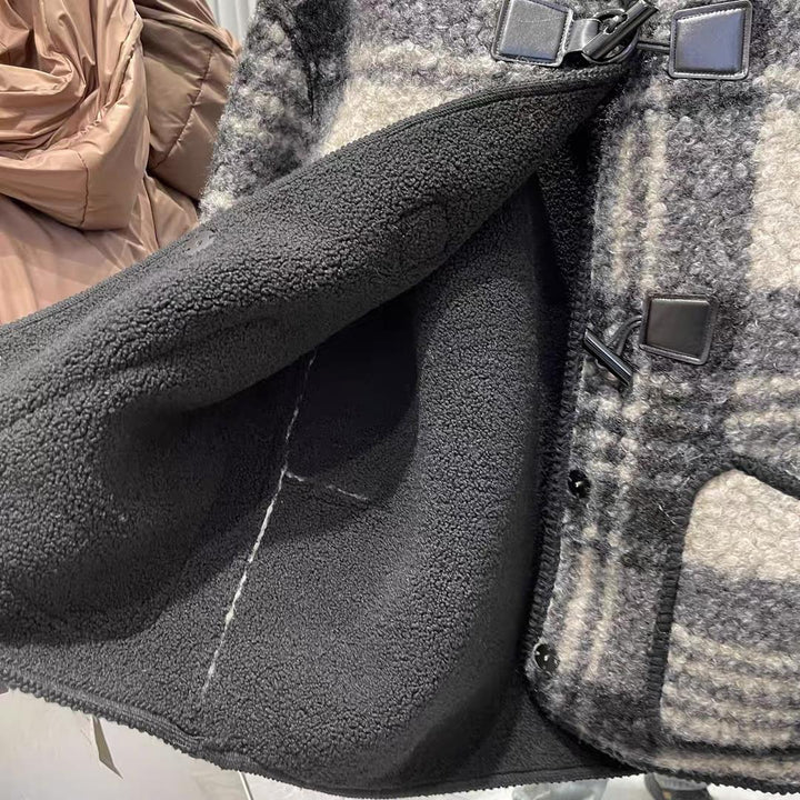 Women's coat with checked pattern and toggle buttons