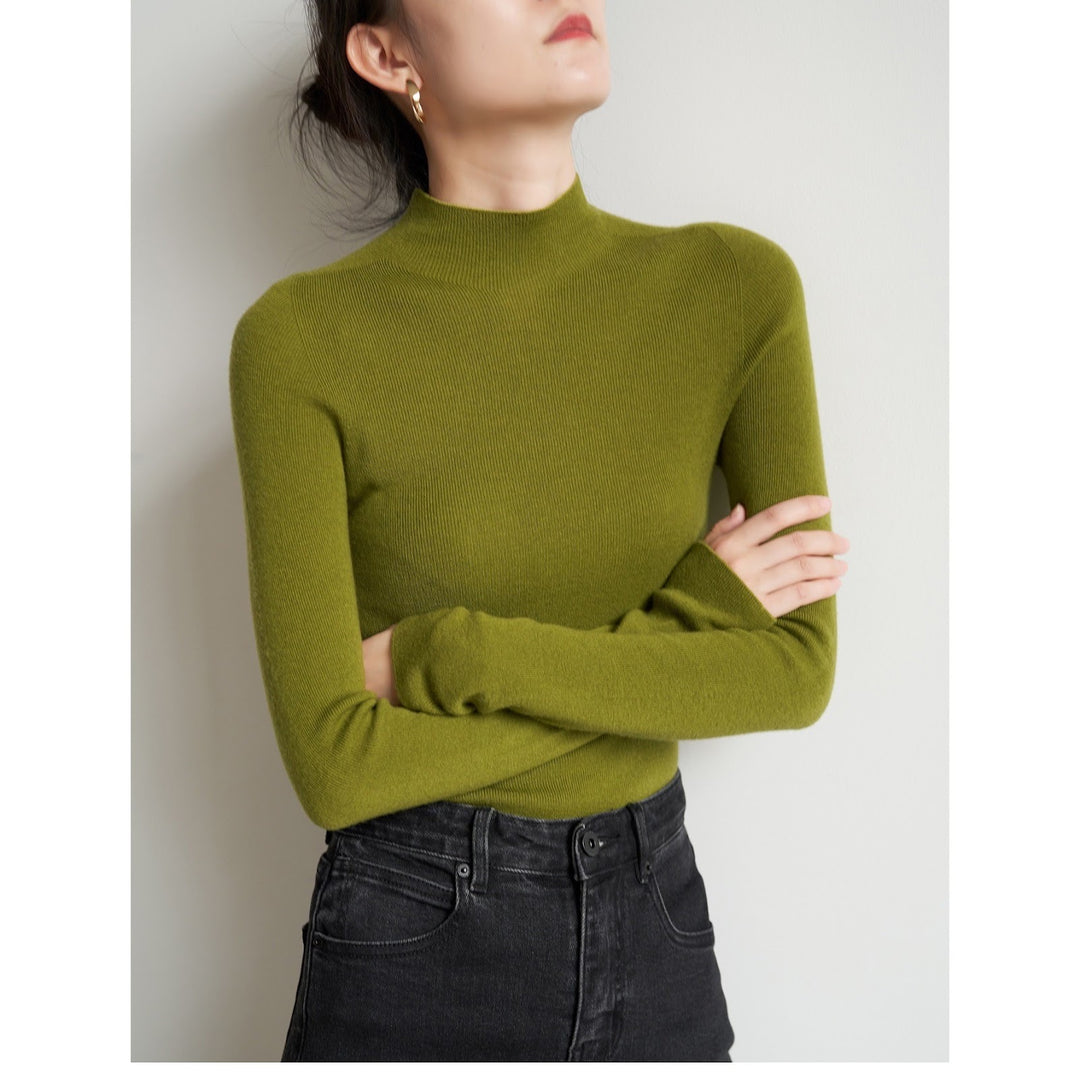 Women's wool knit sweater with stand-up collar