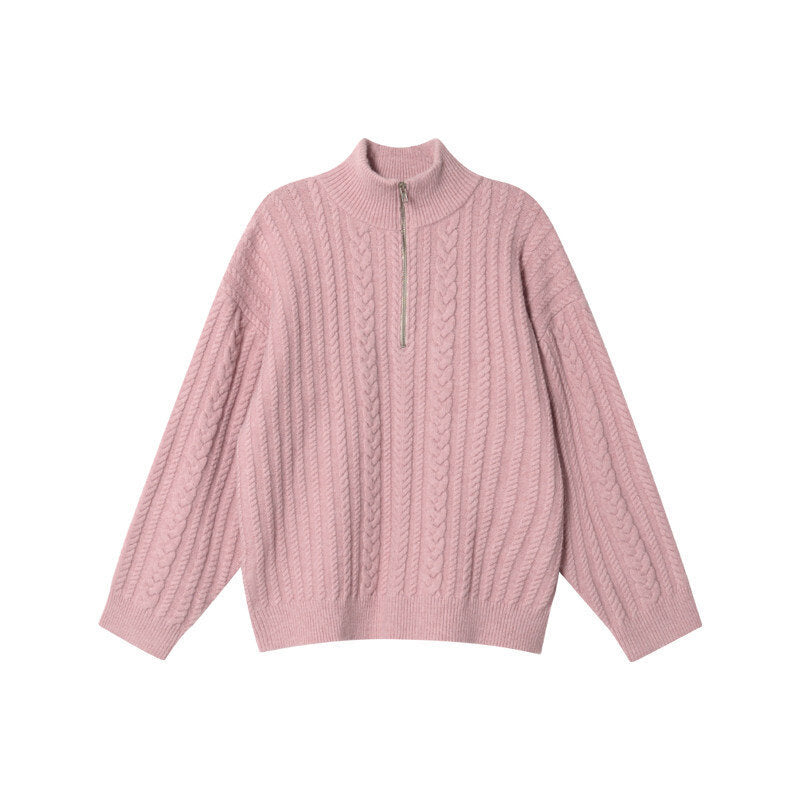 Women's knit pullover with zipper and rib pattern