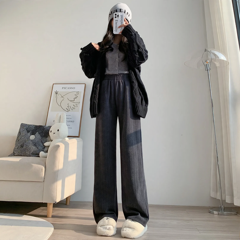 Chenille wide leg trousers for women, straight cut, autumn/winter