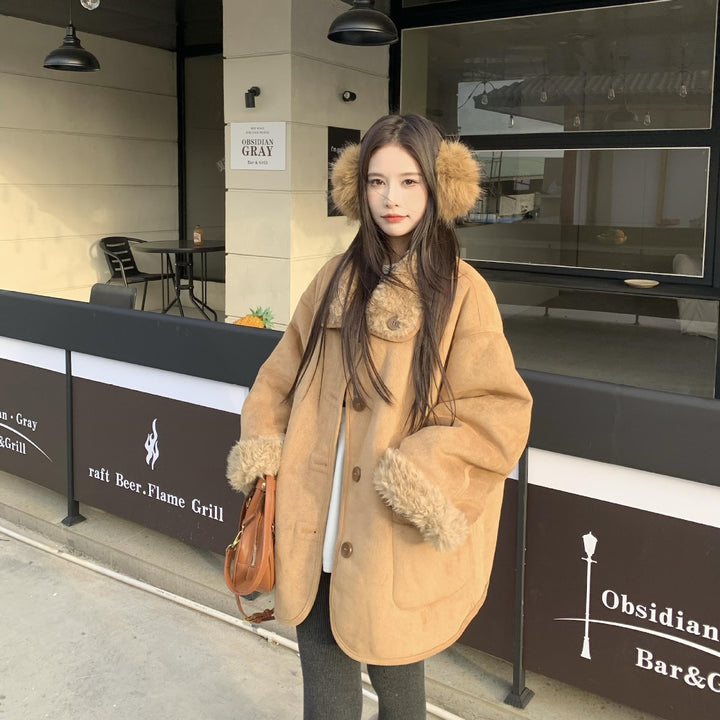 Reversible lamb fur imitation coat, medium length