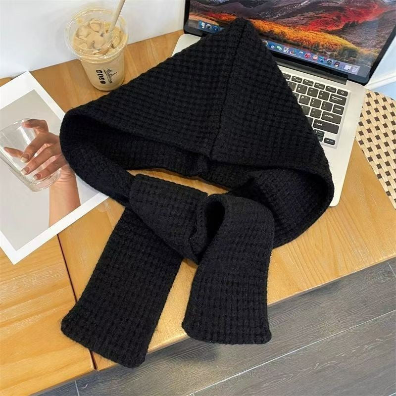 Knit hat with scarf, solid color, warm, 2-in-1 set