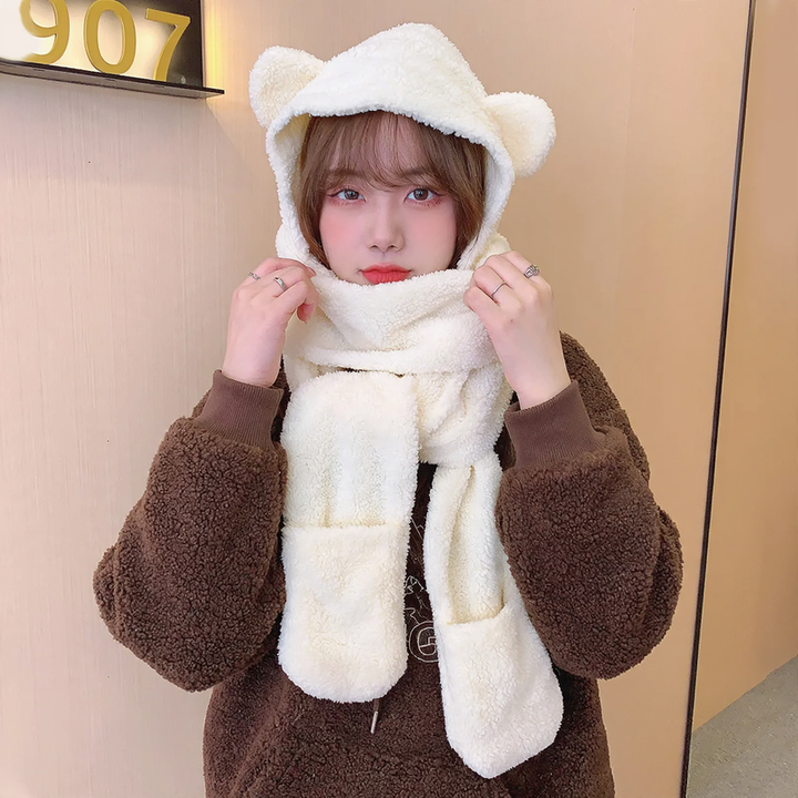 Plush set with hat, scarf, and gloves, ladies, winter