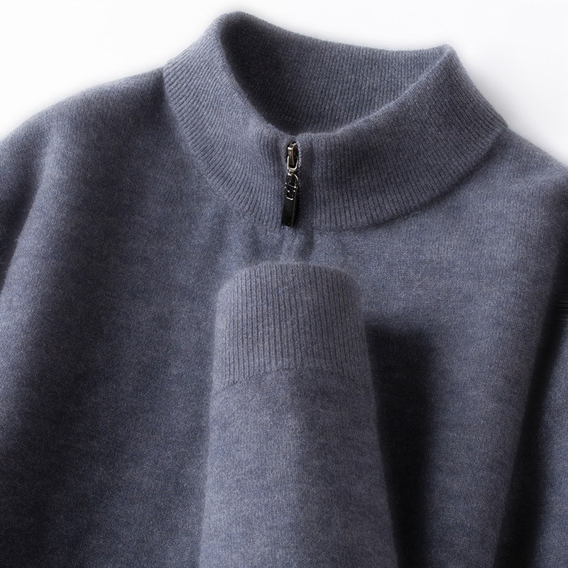 Men's wool pullover, 100% wool, zipper, stand-up collar