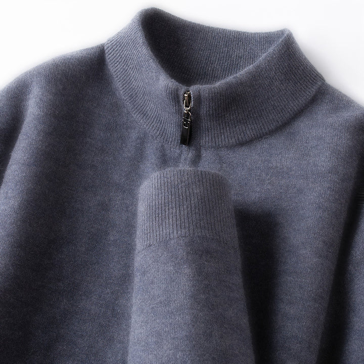 Men's wool pullover, 100% wool, zipper, stand-up collar