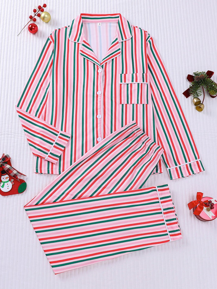 Women's Pajama Set, Long Sleeve, Christmas Motif, Notched Collar