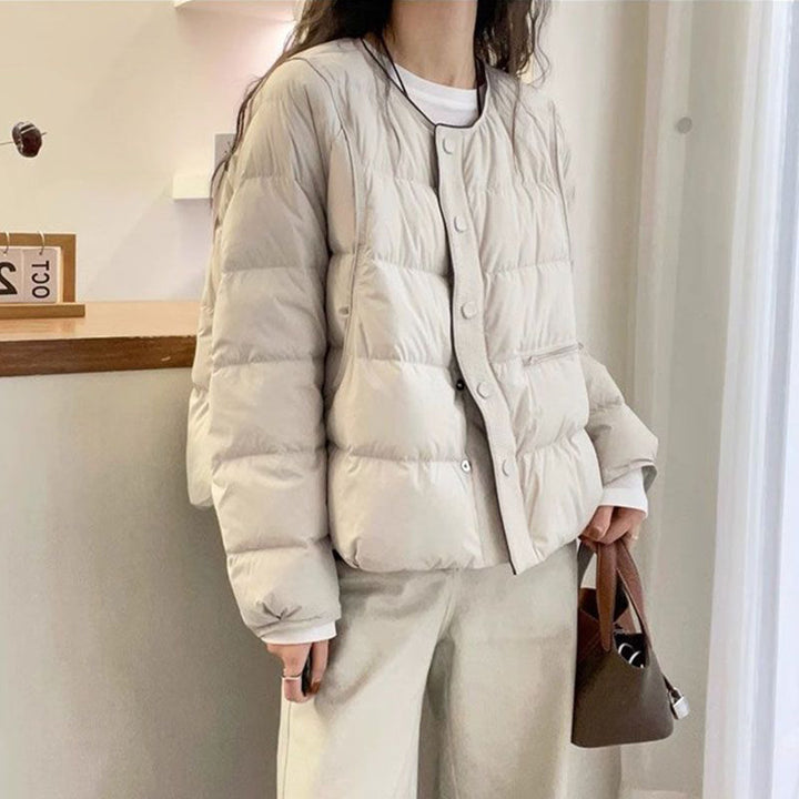 Women's down jacket with round neck and button placket