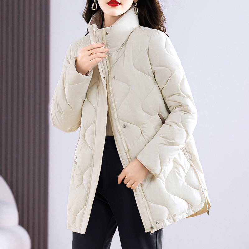 Long women's winter coat with stand-up collar