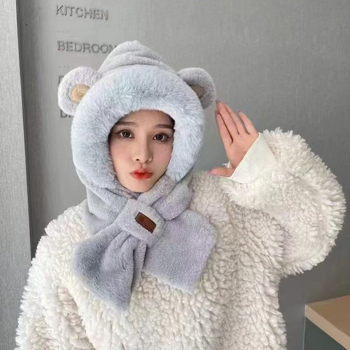Plush hooded scarf with bear design, lined
