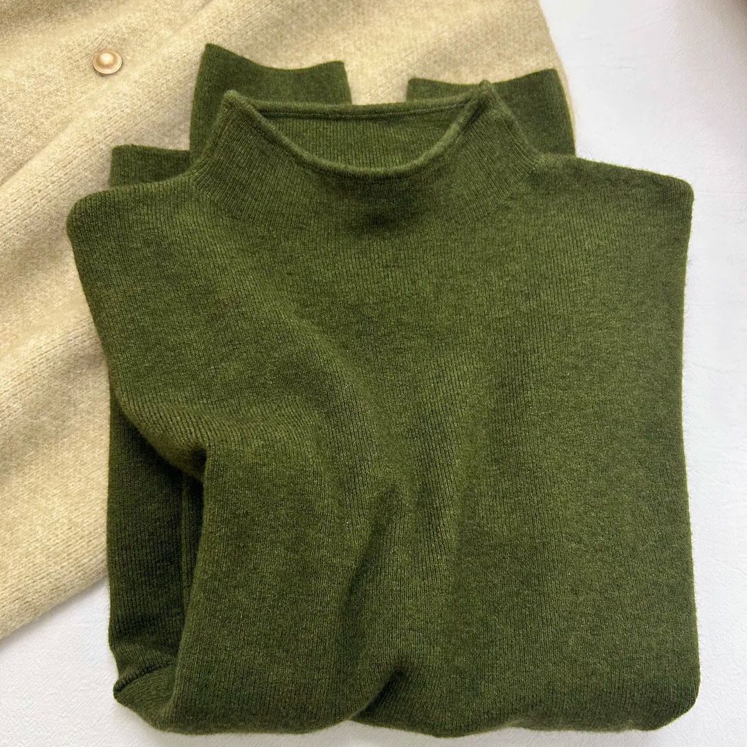 Women's knit sweater with stand-up collar, solid color