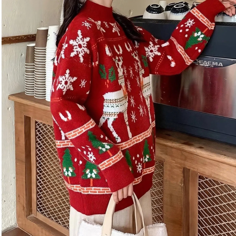 Ladies' knit sweater with reindeer embroidery